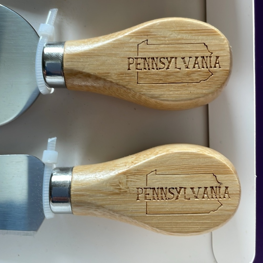 New “Pennsylvania” Engraved Totally Bamboo 4 pc Cheese Tool Set Bamboo handle
